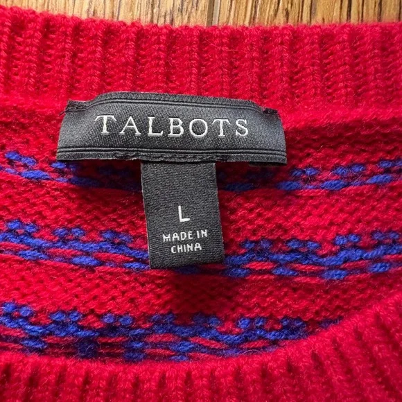 Talbots Lambswool Fair Isle Knit Sweater Womens L Red Blue Crew Neck Buttons - Picture 3 of 11
